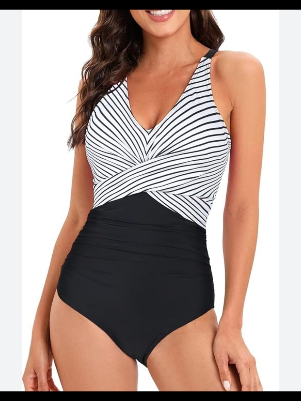 Striped Wrap Front One-Piece Swimsuit - Black/White